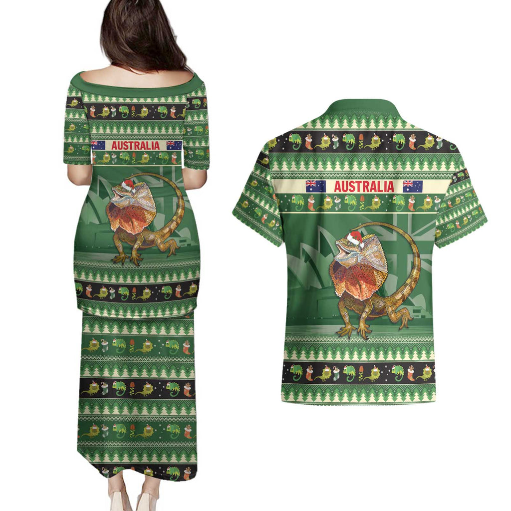 Aussie Frilled Lizard Couples Matching Puletasi and Hawaiian Shirt Merry Christmas