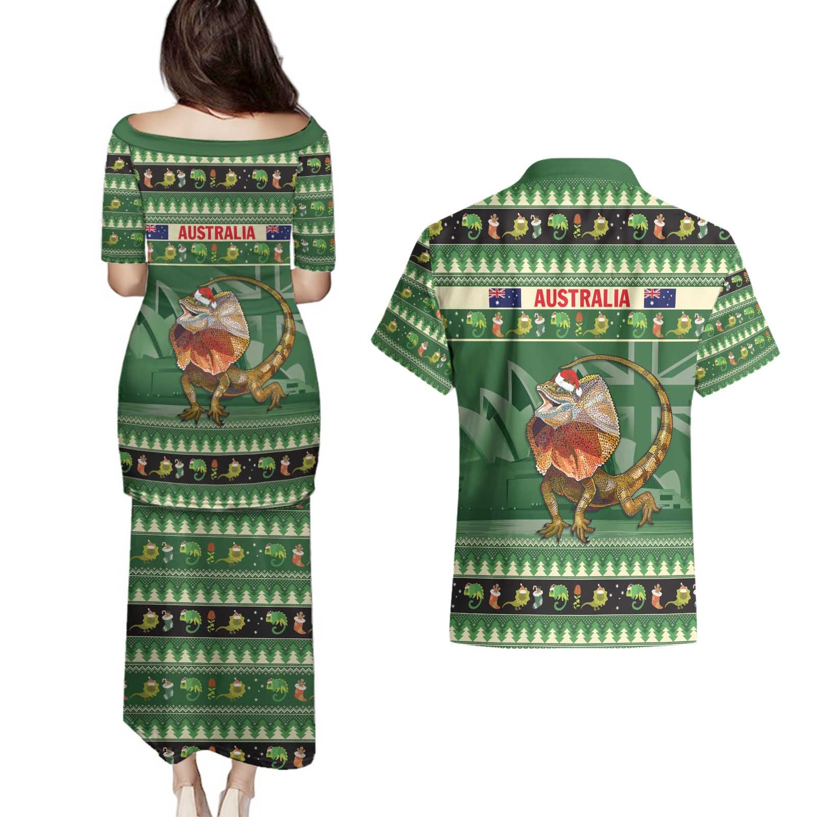 Aussie Frilled Lizard Couples Matching Puletasi and Hawaiian Shirt Merry Christmas