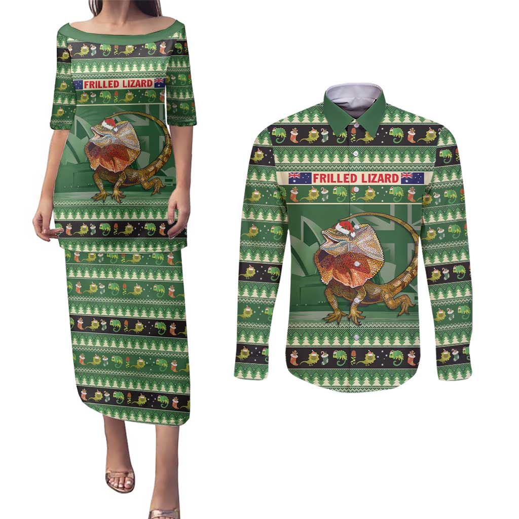 Aussie Frilled Lizard Couples Matching Puletasi and Long Sleeve Button Shirt Merry Christmas