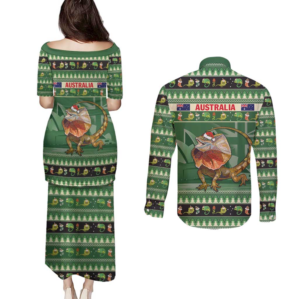 Aussie Frilled Lizard Couples Matching Puletasi and Long Sleeve Button Shirt Merry Christmas
