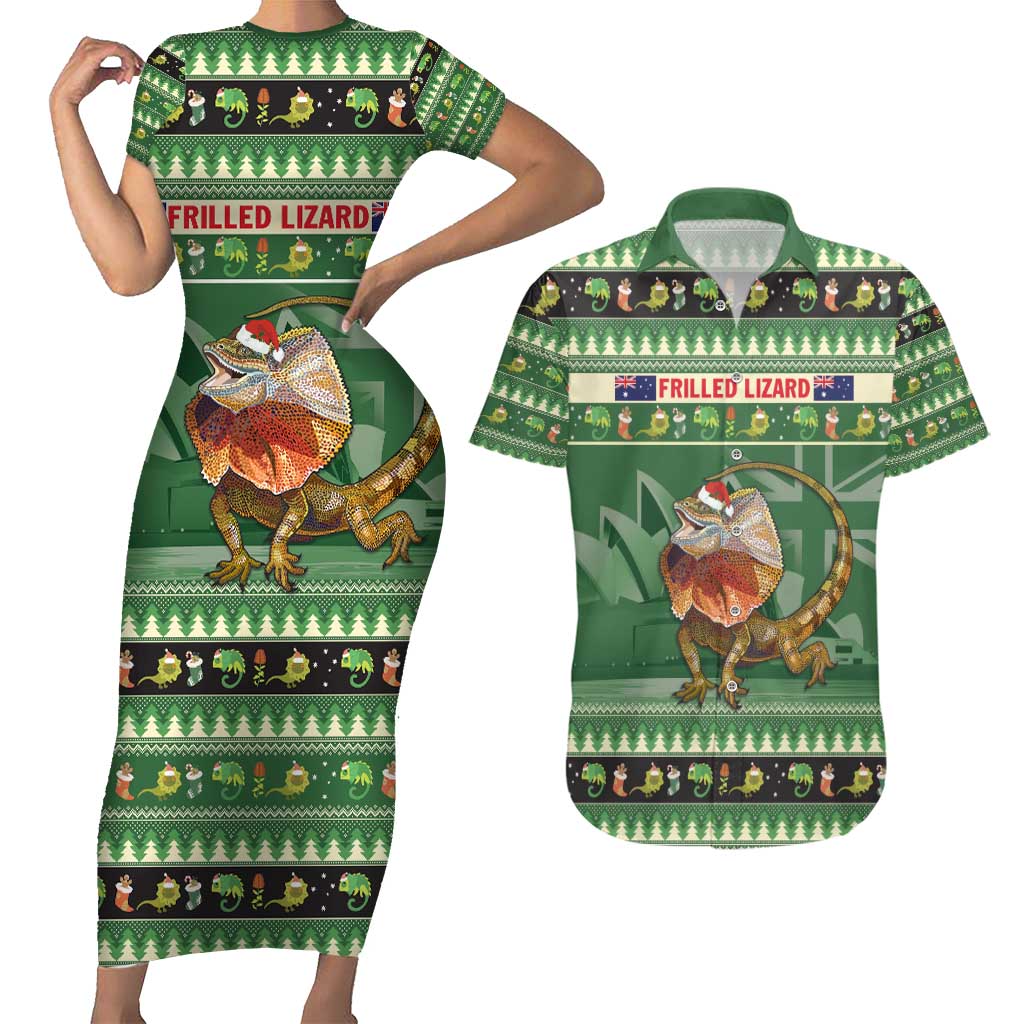 Aussie Frilled Lizard Couples Matching Short Sleeve Bodycon Dress and Hawaiian Shirt Merry Christmas