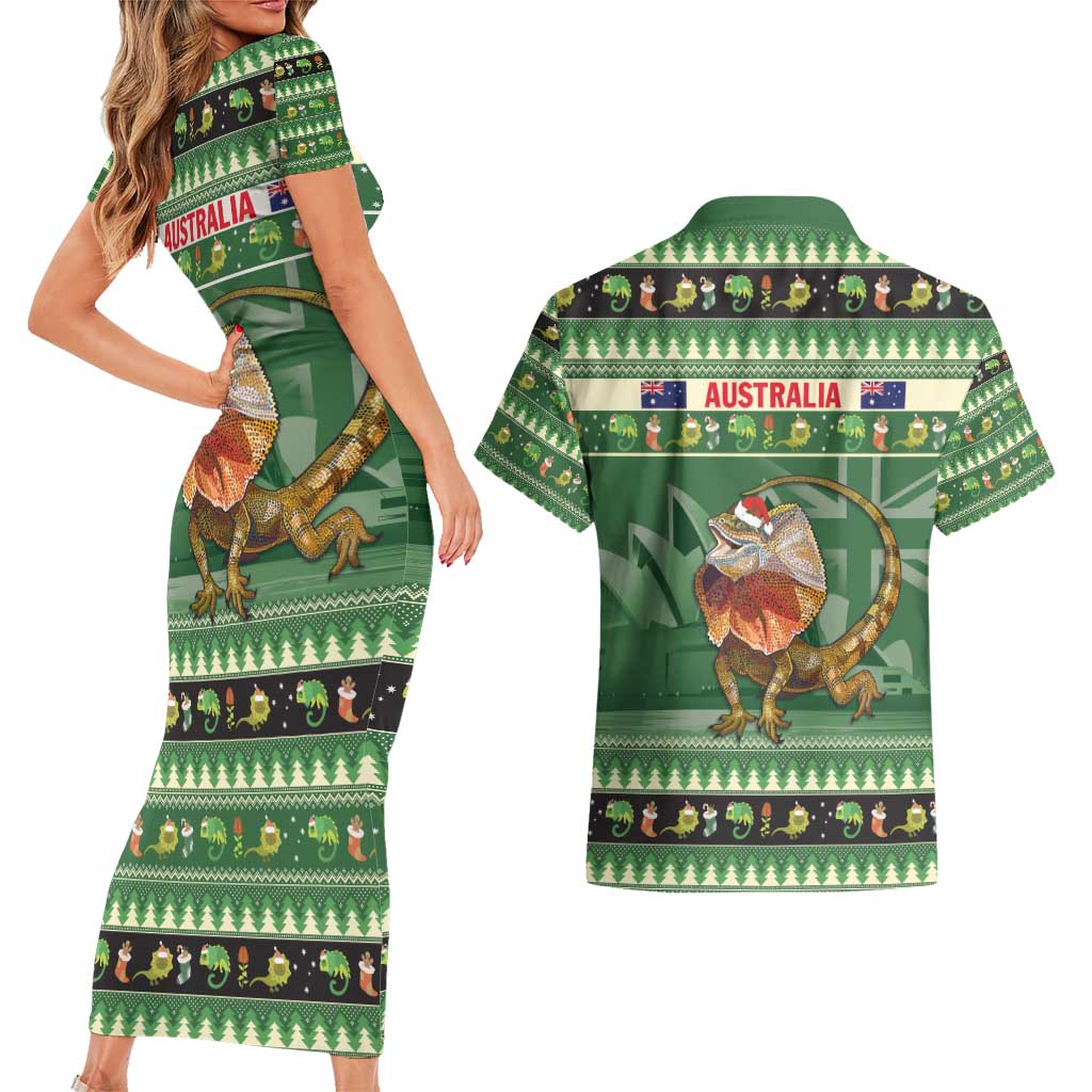 Aussie Frilled Lizard Couples Matching Short Sleeve Bodycon Dress and Hawaiian Shirt Merry Christmas
