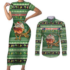 Aussie Frilled Lizard Couples Matching Short Sleeve Bodycon Dress and Long Sleeve Button Shirt Merry Christmas