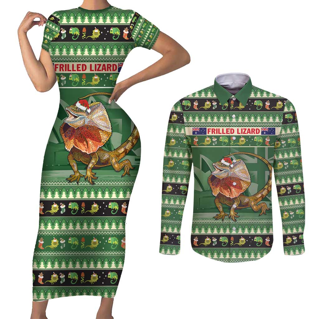 Aussie Frilled Lizard Couples Matching Short Sleeve Bodycon Dress and Long Sleeve Button Shirt Merry Christmas