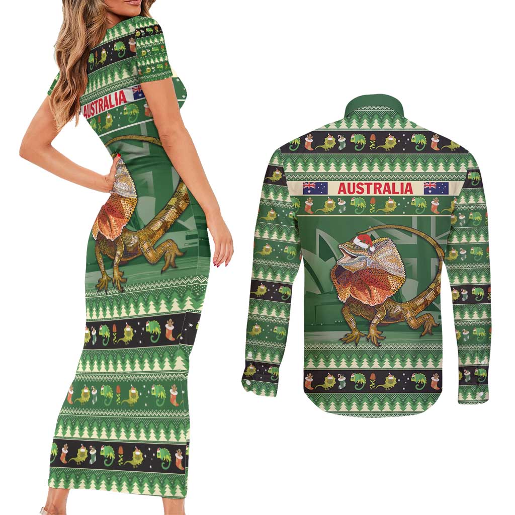 Aussie Frilled Lizard Couples Matching Short Sleeve Bodycon Dress and Long Sleeve Button Shirt Merry Christmas