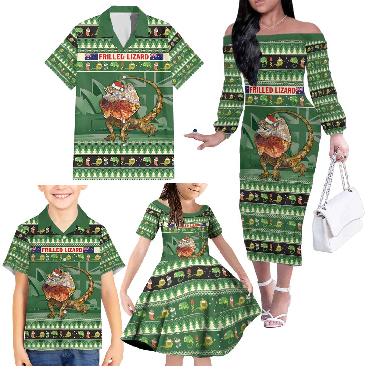Aussie Frilled Lizard Family Matching Off The Shoulder Long Sleeve Dress and Hawaiian Shirt Merry Christmas