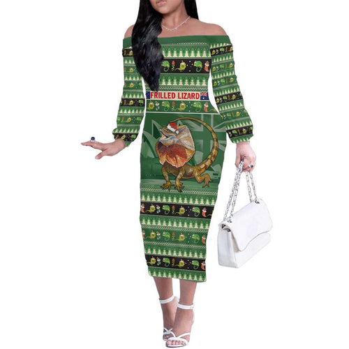 Aussie Frilled Lizard Family Matching Off The Shoulder Long Sleeve Dress and Hawaiian Shirt Merry Christmas