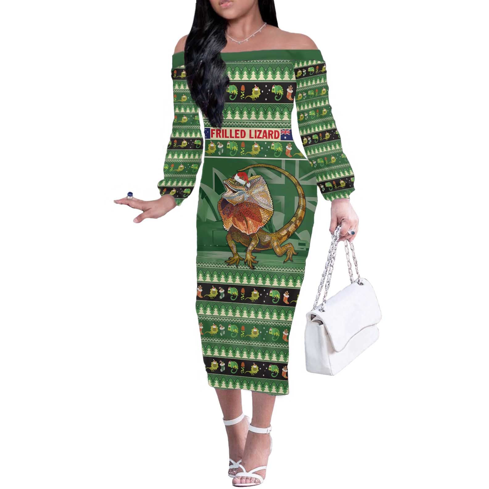 Aussie Frilled Lizard Off The Shoulder Long Sleeve Dress Merry Christmas