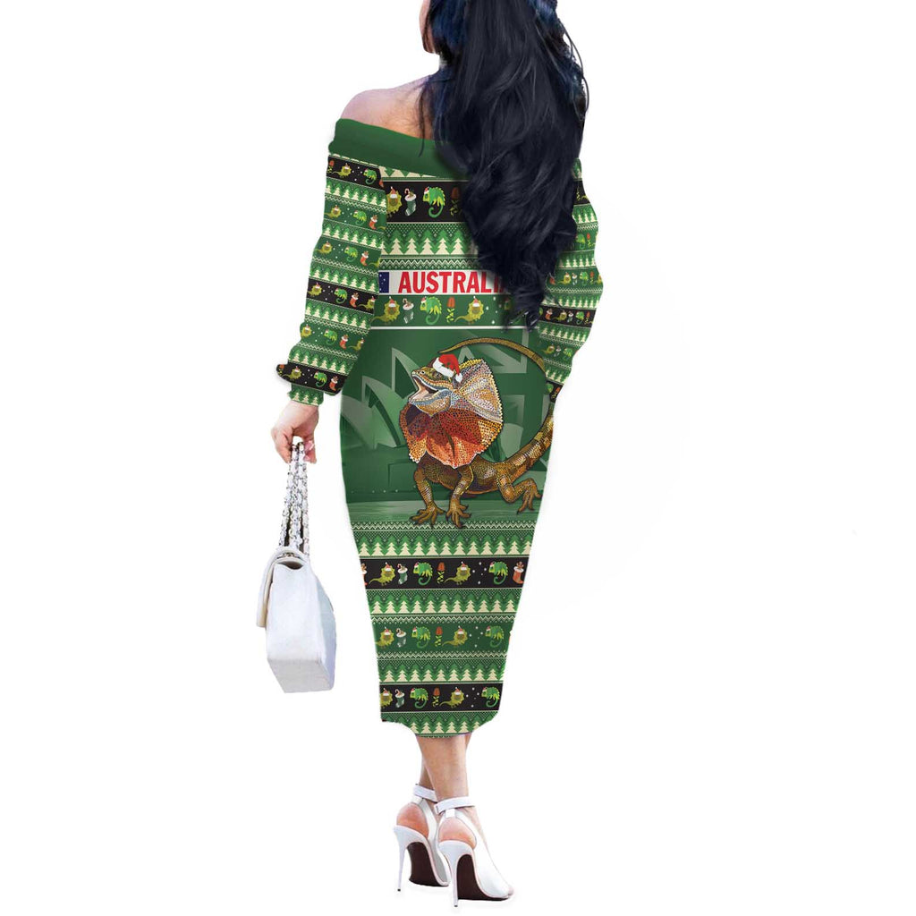Aussie Frilled Lizard Off The Shoulder Long Sleeve Dress Merry Christmas