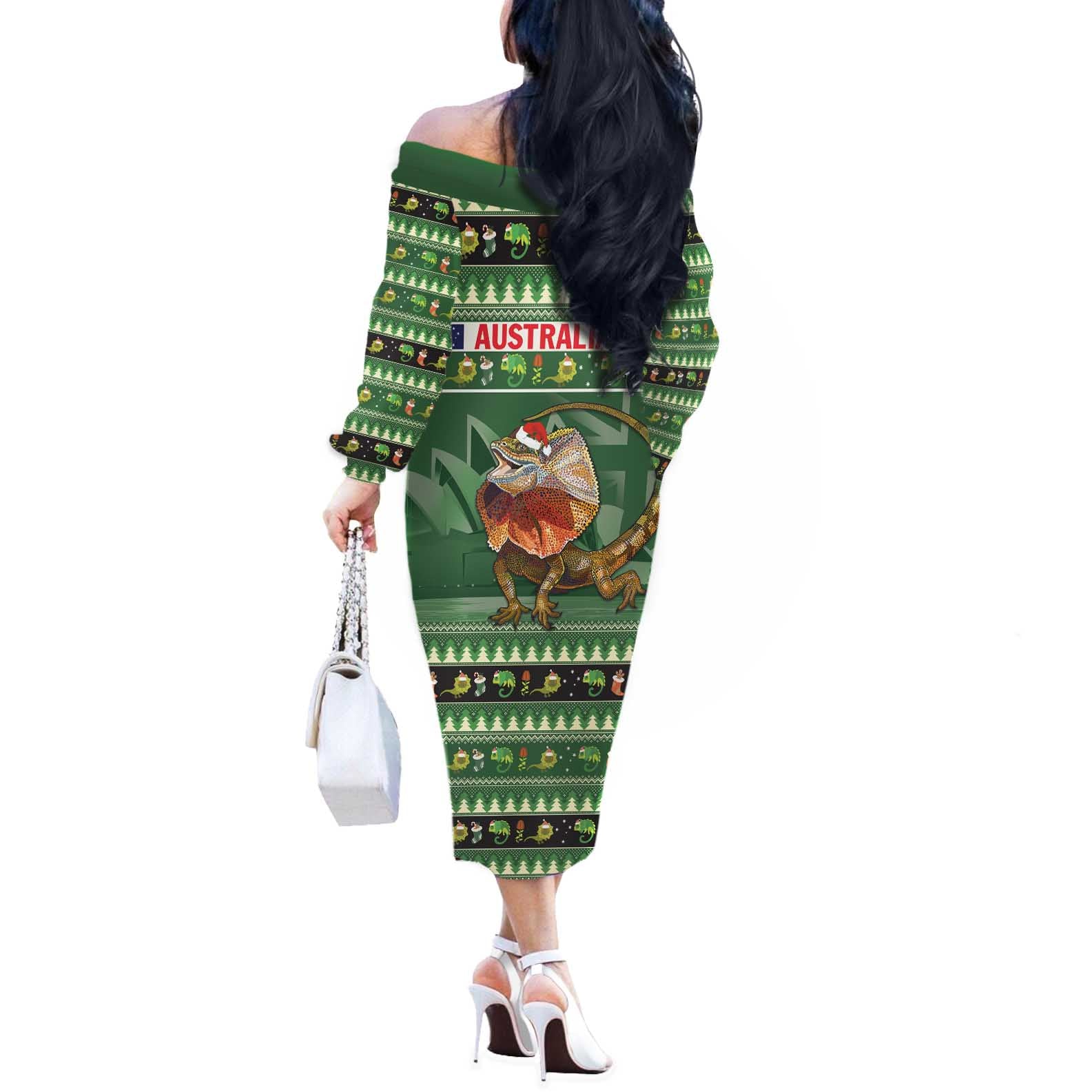 Aussie Frilled Lizard Off The Shoulder Long Sleeve Dress Merry Christmas