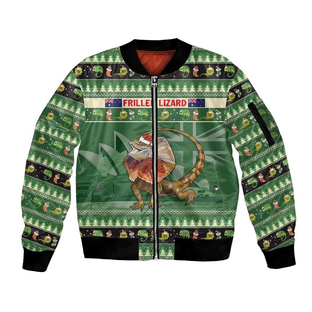 Aussie Frilled Lizard Sleeve Zip Bomber Jacket Merry Christmas