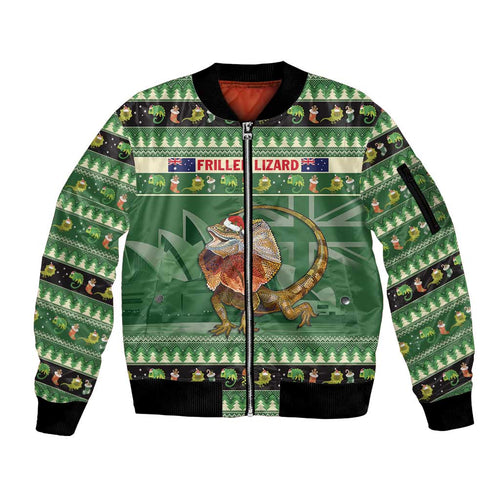 Aussie Frilled Lizard Sleeve Zip Bomber Jacket Merry Christmas