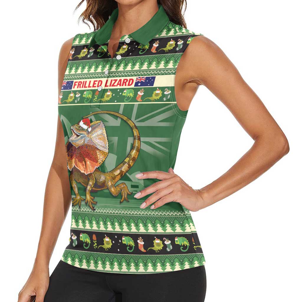 Aussie Frilled Lizard Women Sleeveless Polo Shirt Merry Christmas
