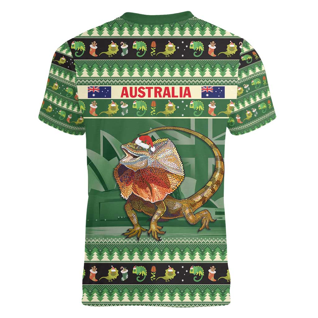 Aussie Frilled Lizard Women V-Neck T-Shirt Merry Christmas
