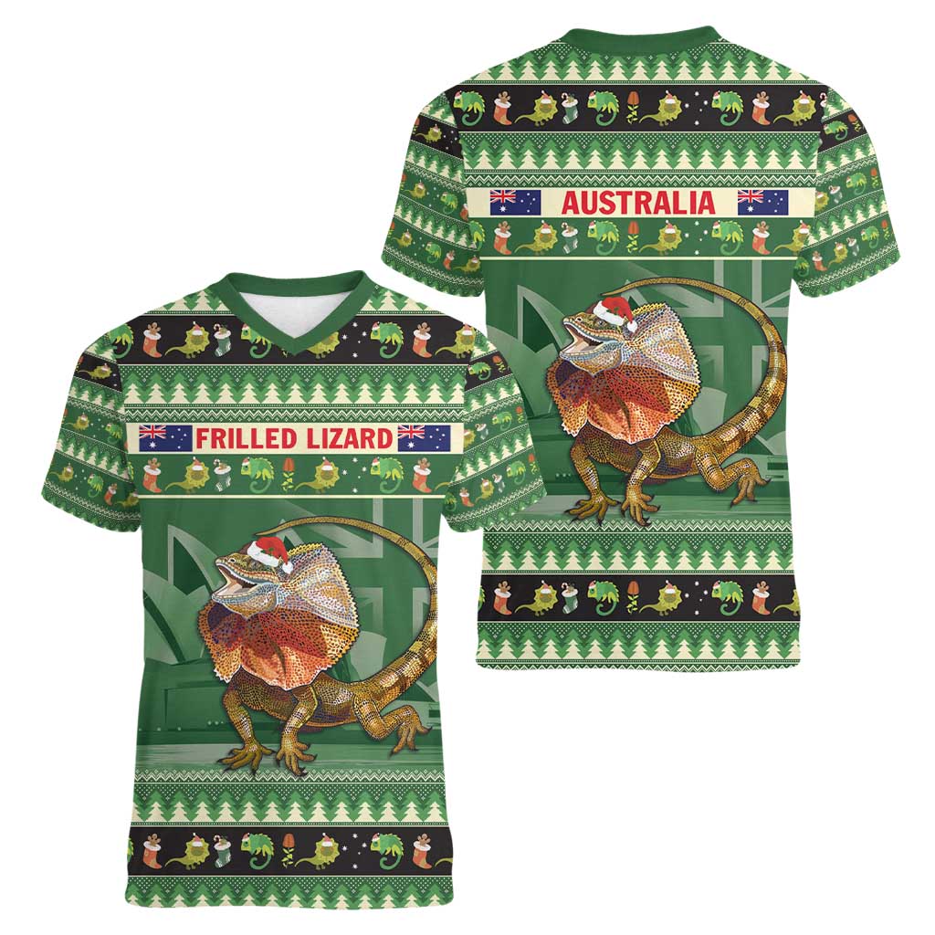 Aussie Frilled Lizard Women V-Neck T-Shirt Merry Christmas