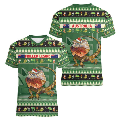Aussie Frilled Lizard Women V-Neck T-Shirt Merry Christmas