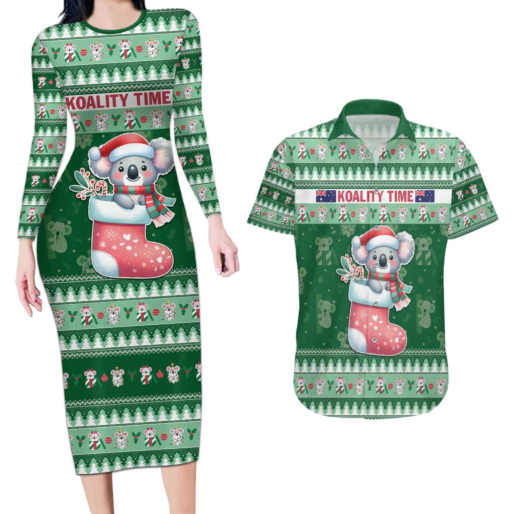 Aussie Koala Couples Matching Long Sleeve Bodycon Dress and Hawaiian Shirt Merry Christmas