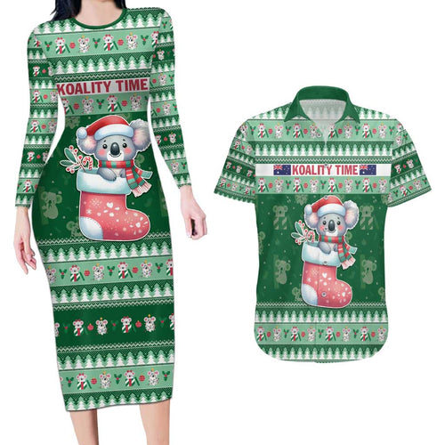 Aussie Koala Couples Matching Long Sleeve Bodycon Dress and Hawaiian Shirt Merry Christmas