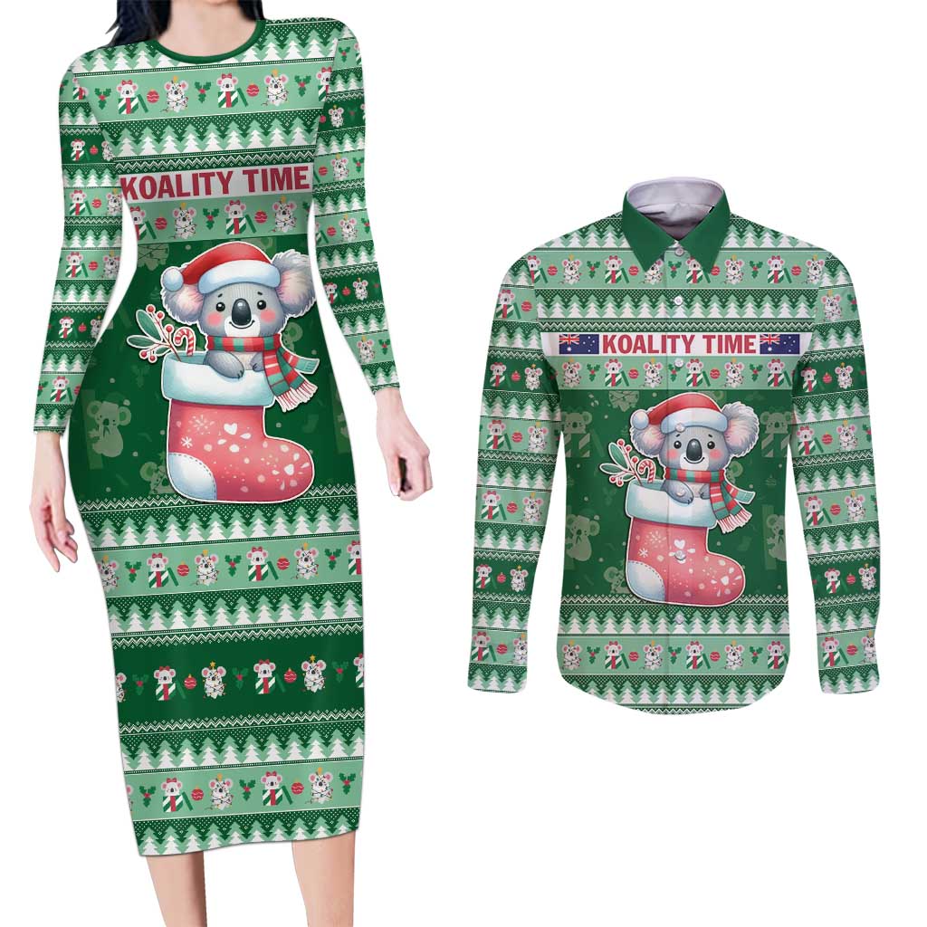 Aussie Koala Couples Matching Long Sleeve Bodycon Dress and Long Sleeve Button Shirt Merry Christmas
