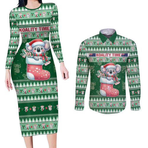 Aussie Koala Couples Matching Long Sleeve Bodycon Dress and Long Sleeve Button Shirt Merry Christmas