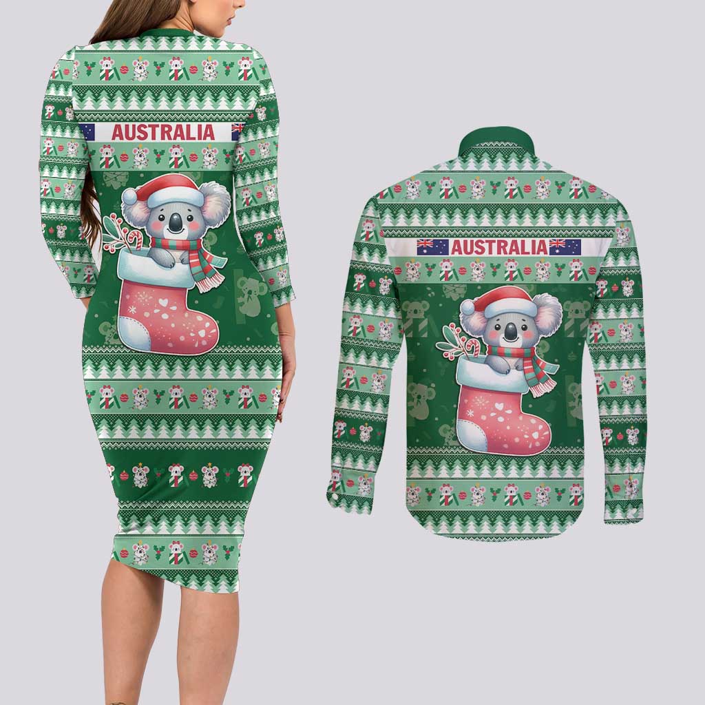 Aussie Koala Couples Matching Long Sleeve Bodycon Dress and Long Sleeve Button Shirt Merry Christmas
