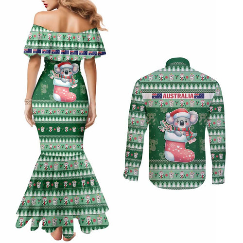 Aussie Koala Couples Matching Mermaid Dress and Long Sleeve Button Shirt Merry Christmas