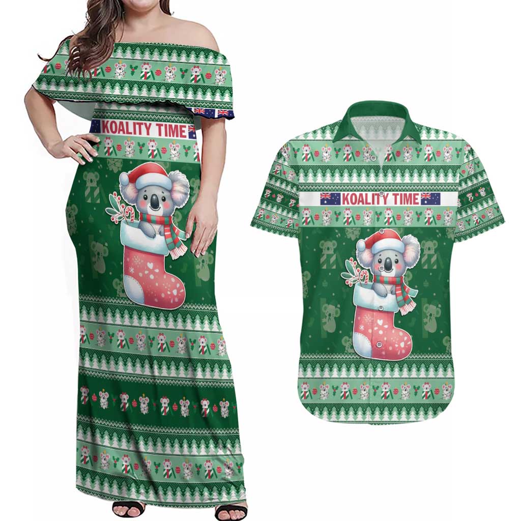 Aussie Koala Couples Matching Off Shoulder Maxi Dress and Hawaiian Shirt Merry Christmas