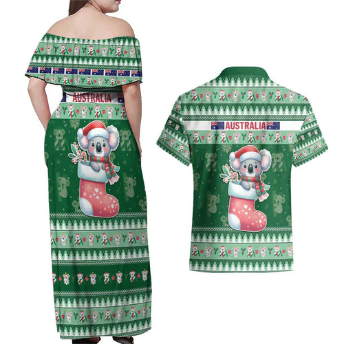 Aussie Koala Couples Matching Off Shoulder Maxi Dress and Hawaiian Shirt Merry Christmas