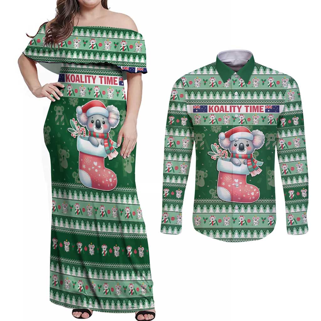 Aussie Koala Couples Matching Off Shoulder Maxi Dress and Long Sleeve Button Shirt Merry Christmas