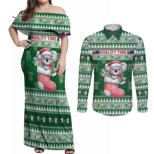 Aussie Koala Couples Matching Off Shoulder Maxi Dress and Long Sleeve Button Shirt Merry Christmas