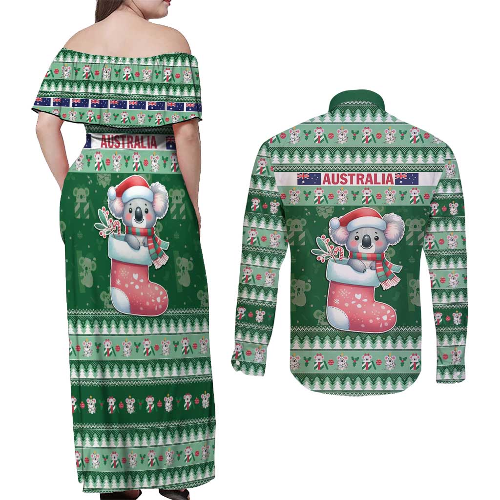 Aussie Koala Couples Matching Off Shoulder Maxi Dress and Long Sleeve Button Shirt Merry Christmas