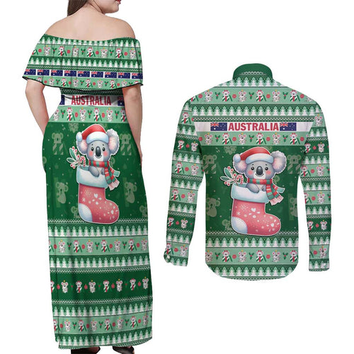 Aussie Koala Couples Matching Off Shoulder Maxi Dress and Long Sleeve Button Shirt Merry Christmas