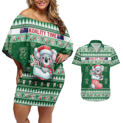 Aussie Koala Couples Matching Off Shoulder Short Dress and Hawaiian Shirt Merry Christmas