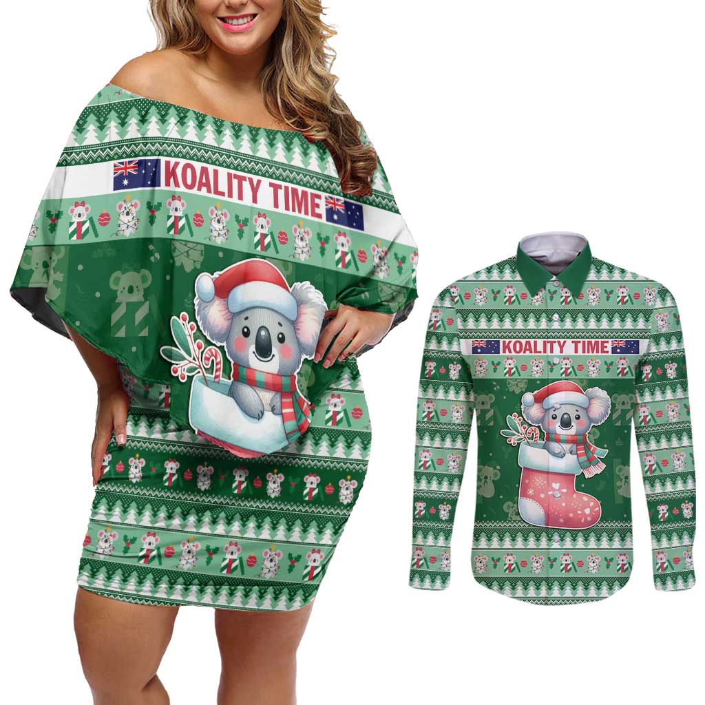 Aussie Koala Couples Matching Off Shoulder Short Dress and Long Sleeve Button Shirt Merry Christmas