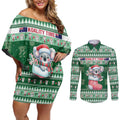 Aussie Koala Couples Matching Off Shoulder Short Dress and Long Sleeve Button Shirt Merry Christmas