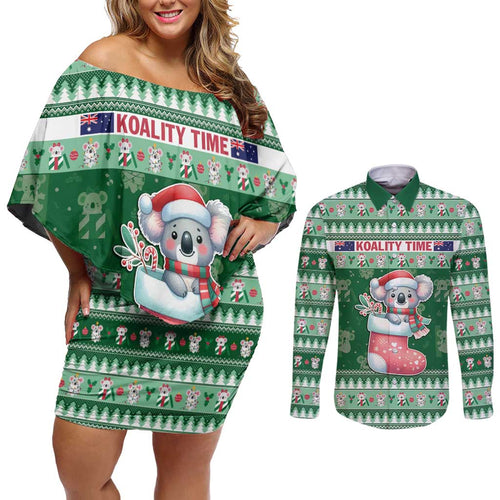 Aussie Koala Couples Matching Off Shoulder Short Dress and Long Sleeve Button Shirt Merry Christmas