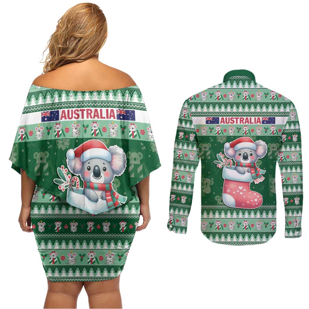 Aussie Koala Couples Matching Off Shoulder Short Dress and Long Sleeve Button Shirt Merry Christmas