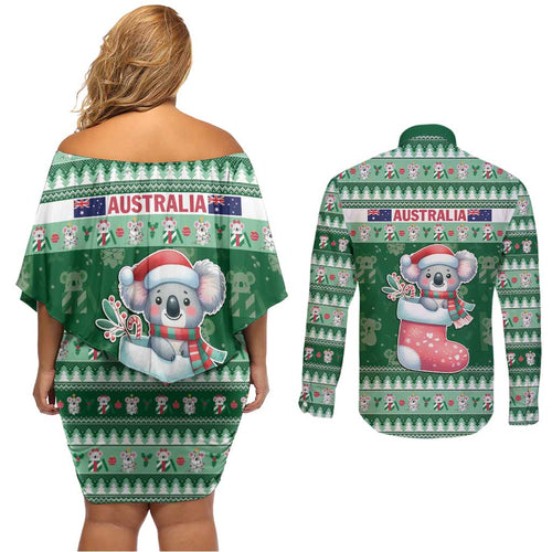 Aussie Koala Couples Matching Off Shoulder Short Dress and Long Sleeve Button Shirt Merry Christmas