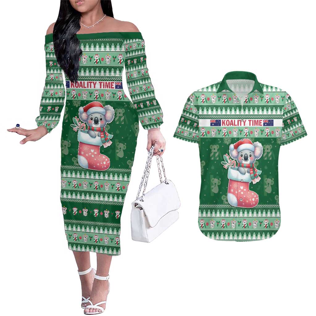 Aussie Koala Couples Matching Off The Shoulder Long Sleeve Dress and Hawaiian Shirt Merry Christmas