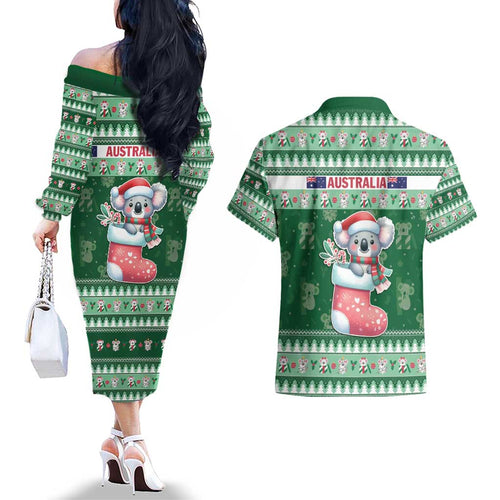 Aussie Koala Couples Matching Off The Shoulder Long Sleeve Dress and Hawaiian Shirt Merry Christmas