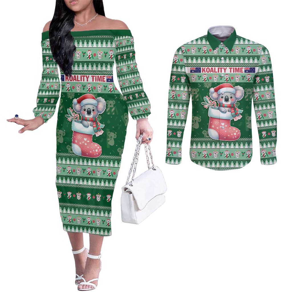 Aussie Koala Couples Matching Off The Shoulder Long Sleeve Dress and Long Sleeve Button Shirt Merry Christmas