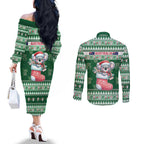 Aussie Koala Couples Matching Off The Shoulder Long Sleeve Dress and Long Sleeve Button Shirt Merry Christmas