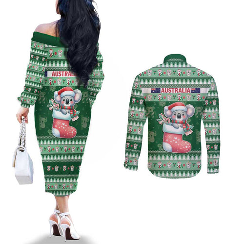 Aussie Koala Couples Matching Off The Shoulder Long Sleeve Dress and Long Sleeve Button Shirt Merry Christmas
