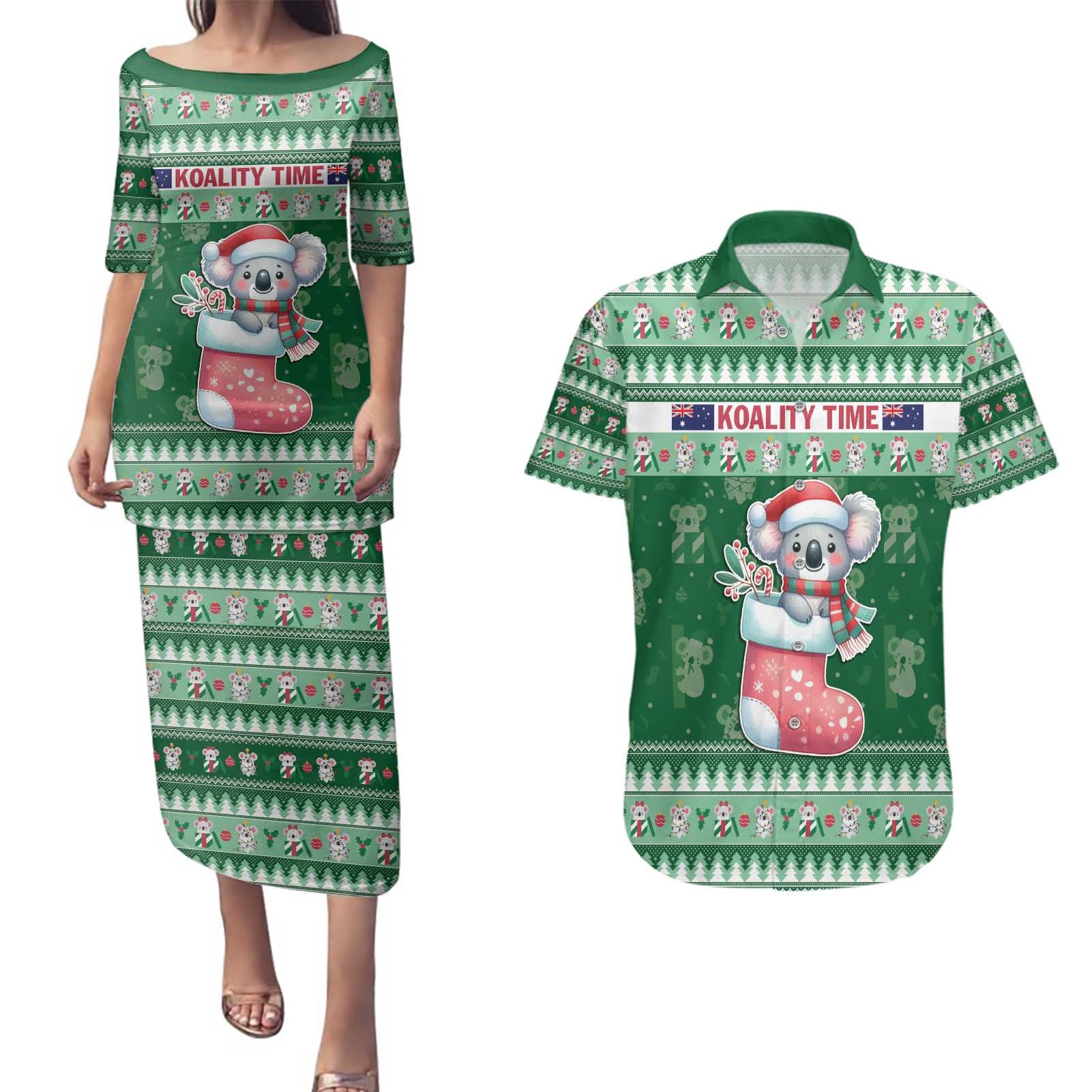 Aussie Koala Couples Matching Puletasi and Hawaiian Shirt Merry Christmas