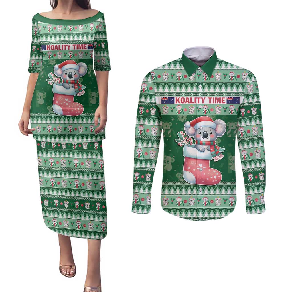 Aussie Koala Couples Matching Puletasi and Long Sleeve Button Shirt Merry Christmas