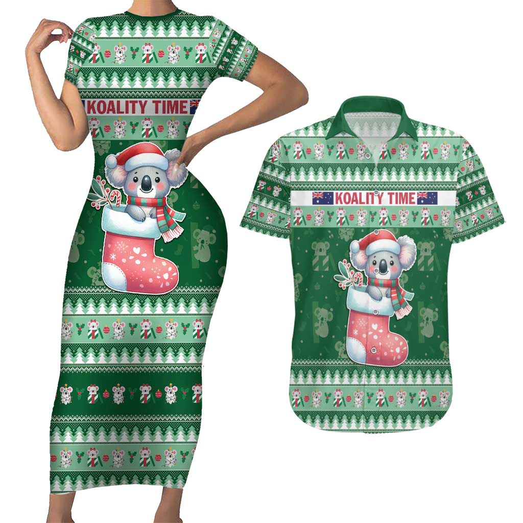 Aussie Koala Couples Matching Short Sleeve Bodycon Dress and Hawaiian Shirt Merry Christmas