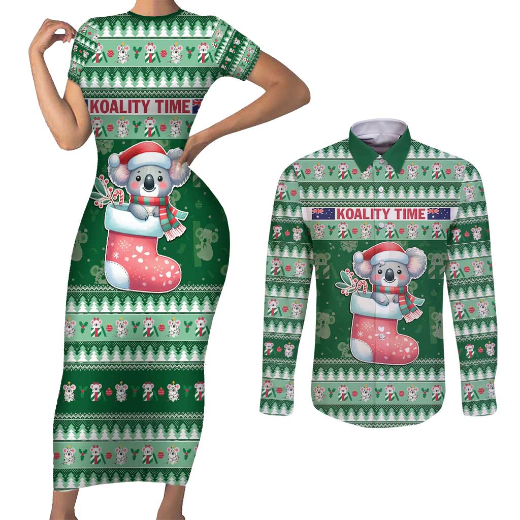 Aussie Koala Couples Matching Short Sleeve Bodycon Dress and Long Sleeve Button Shirt Merry Christmas