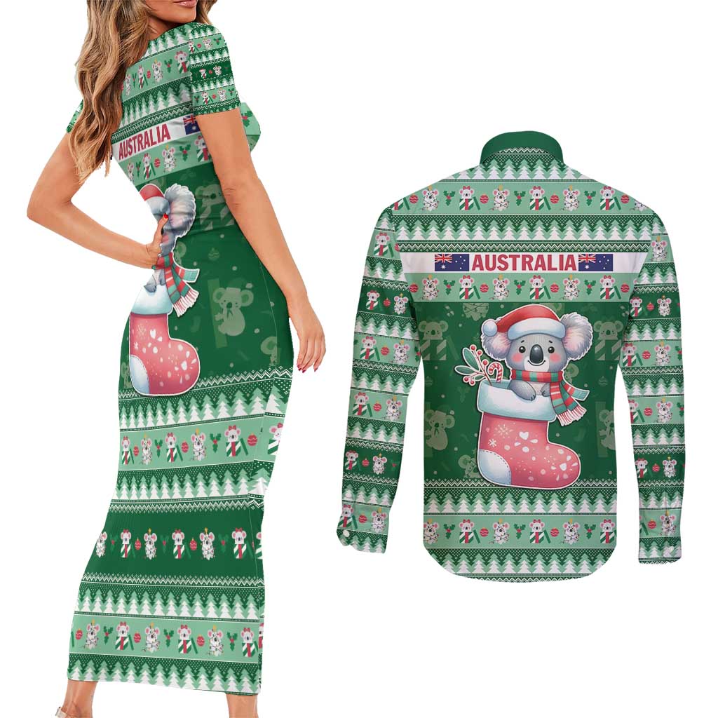 Aussie Koala Couples Matching Short Sleeve Bodycon Dress and Long Sleeve Button Shirt Merry Christmas