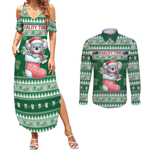 Aussie Koala Couples Matching Summer Maxi Dress and Long Sleeve Button Shirt Merry Christmas