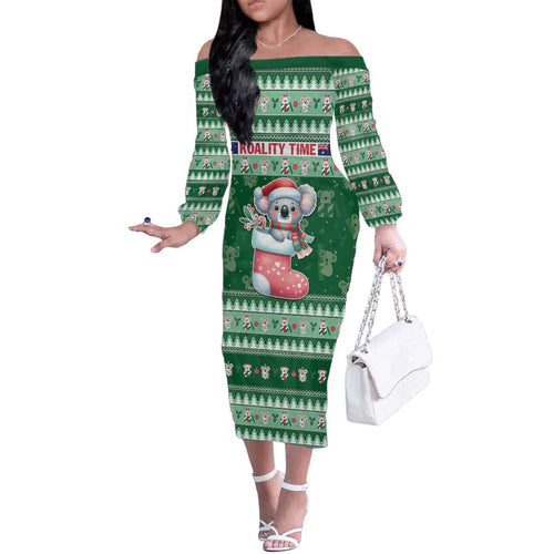 Aussie Koala Family Matching Off The Shoulder Long Sleeve Dress and Hawaiian Shirt Merry Christmas